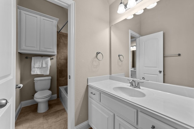 full bathroom featuring baseboards, toilet, shower / bath combination, tile patterned floors, and vanity