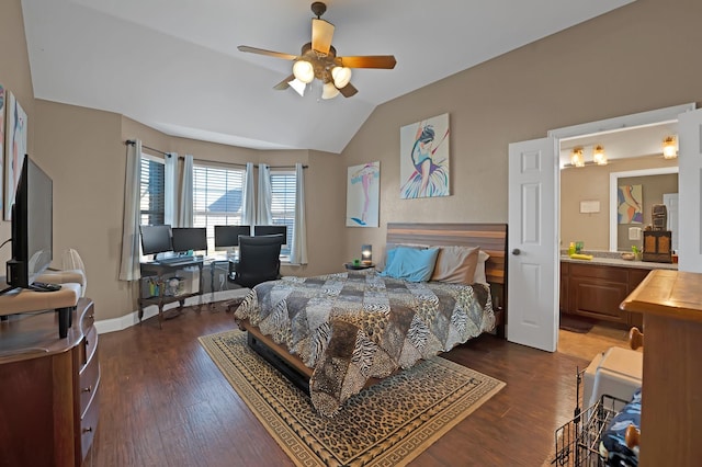 bedroom with ceiling fan, baseboards, vaulted ceiling, and dark wood-style flooring