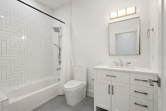 bathroom with shower / tub combo, baseboards, toilet, tile patterned flooring, and vanity