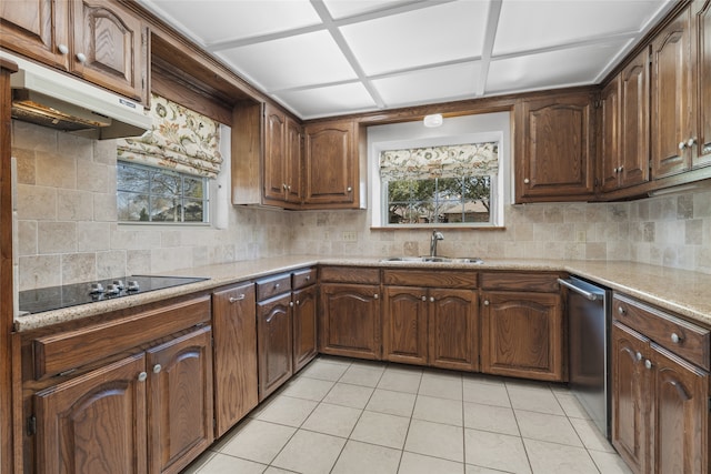 kitchen with black electric stovetop, a healthy amount of sunlight, a sink, dishwasher, and under cabinet range hood