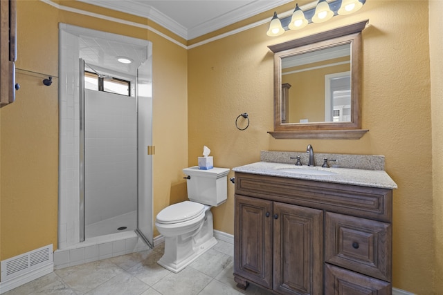 bathroom with crown molding, toilet, a shower stall, vanity, and baseboards