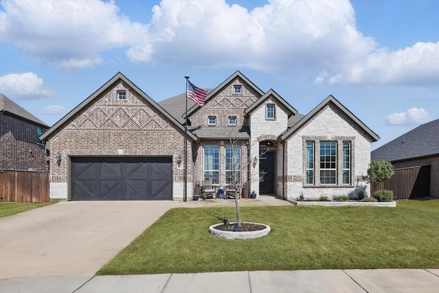 view of front of house with a garage, concrete driveway, a front yard, and fence