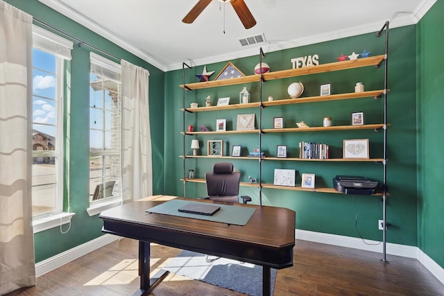 office area featuring visible vents, crown molding, a ceiling fan, and wood finished floors