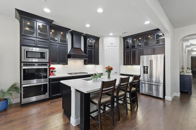 kitchen featuring premium range hood, decorative backsplash, appliances with stainless steel finishes, and dark wood-style flooring