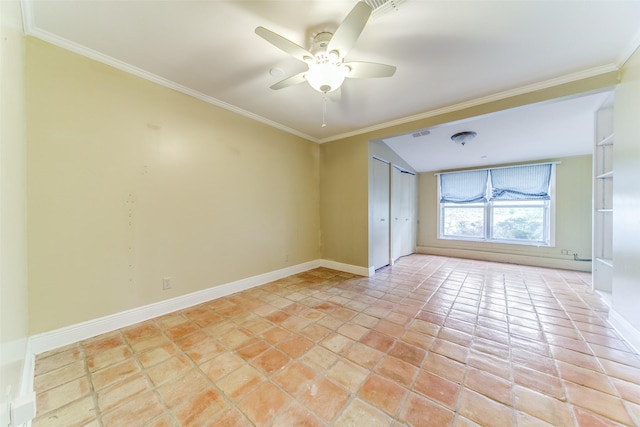 unfurnished room featuring light tile patterned flooring, ceiling fan, baseboards, and ornamental molding