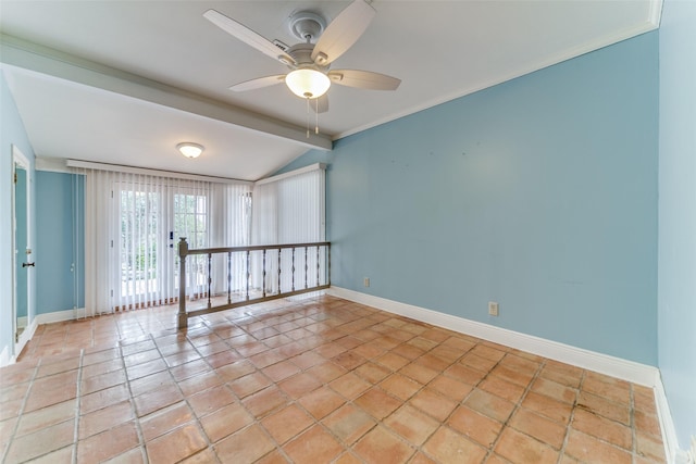 spare room featuring vaulted ceiling with beams, light tile patterned floors, ceiling fan, and baseboards