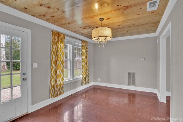 unfurnished dining area with wood ceiling, visible vents, crown molding, and a notable chandelier