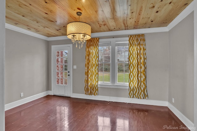 unfurnished dining area with wooden ceiling, baseboards, ornamental molding, and wood finished floors