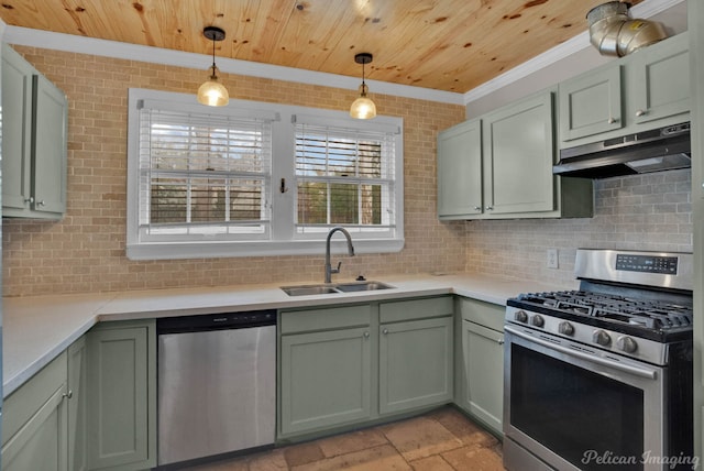 kitchen featuring appliances with stainless steel finishes, a sink, wood ceiling, and under cabinet range hood