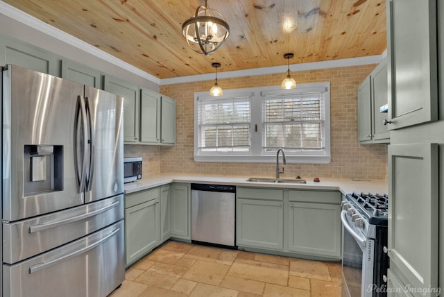 kitchen featuring stainless steel appliances, a sink, wood ceiling, light countertops, and backsplash