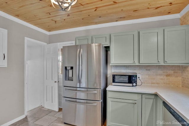 kitchen with stainless steel appliances, wooden ceiling, crown molding, and stone tile floors