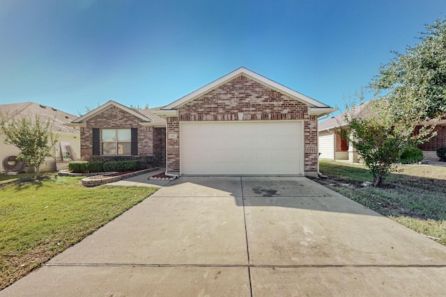 single story home with a front lawn, concrete driveway, brick siding, and an attached garage