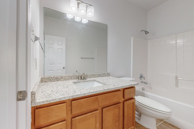 bathroom featuring tub / shower combination, vanity, toilet, and tile patterned floors