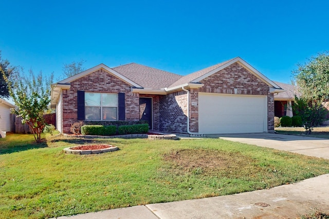 single story home featuring a garage, brick siding, driveway, and a front yard