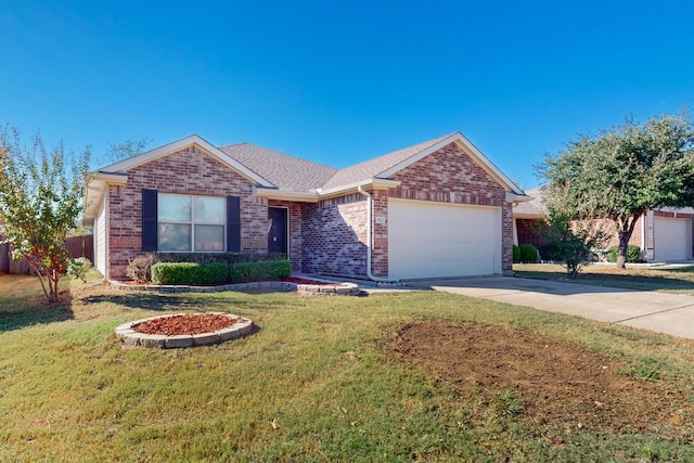 single story home with driveway, roof with shingles, an attached garage, a front lawn, and brick siding