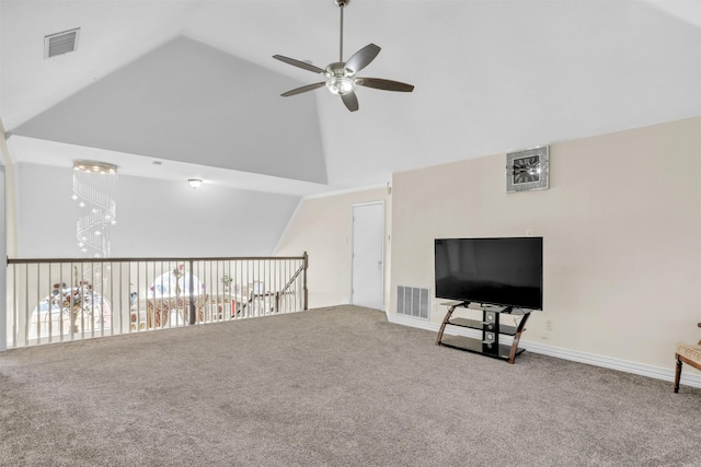 interior space with high vaulted ceiling, visible vents, carpet flooring, and ceiling fan with notable chandelier