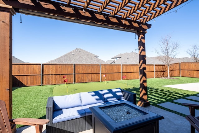 view of patio with an outdoor fire pit, a fenced backyard, and a pergola