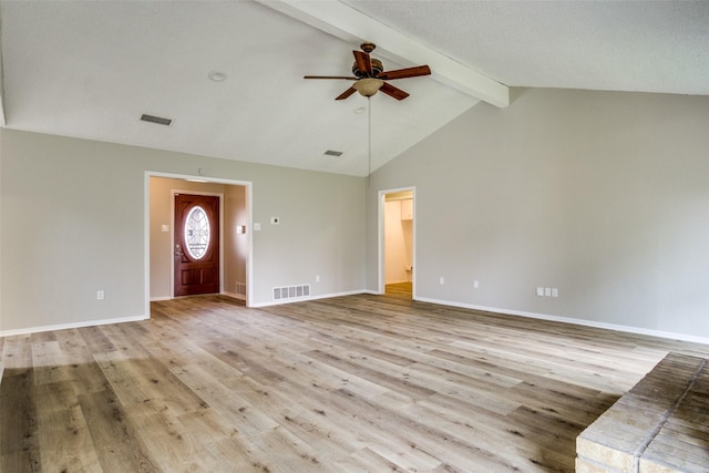 unfurnished living room featuring visible vents, baseboards, beamed ceiling, and wood finished floors