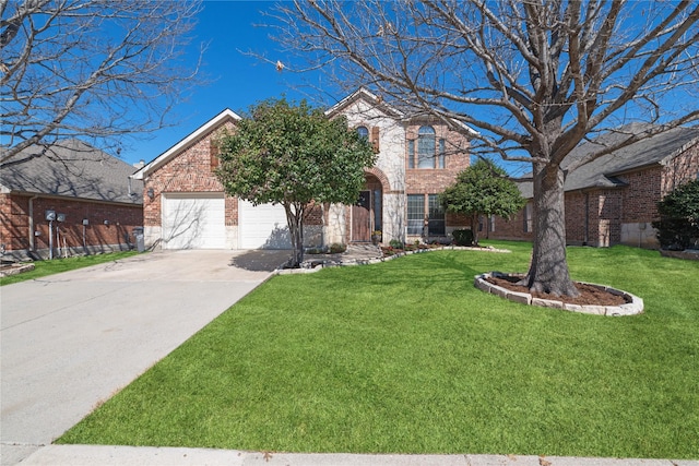 view of front of house with a garage, concrete driveway, brick siding, and a front lawn