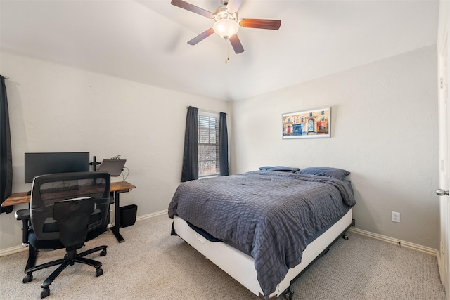 bedroom with carpet, a ceiling fan, and baseboards