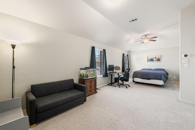 carpeted bedroom with visible vents, ceiling fan, and baseboards