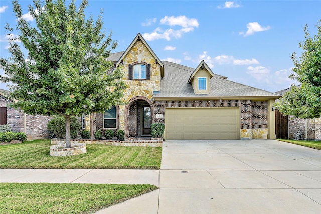 view of front facade featuring concrete driveway, an attached garage, a front yard, fence, and stone siding