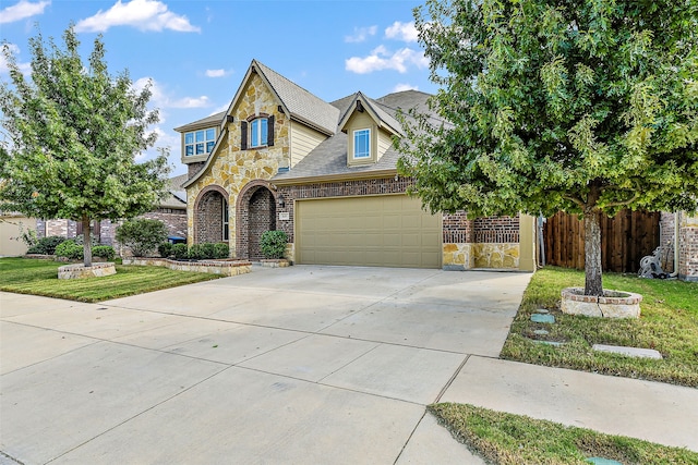 view of front of property with a garage, fence, stone siding, concrete driveway, and a front yard