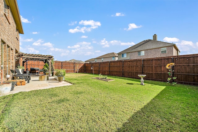 view of yard with a fenced backyard, a patio, and a pergola