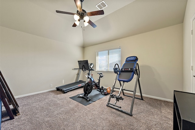 workout room with baseboards, visible vents, vaulted ceiling, and carpet flooring