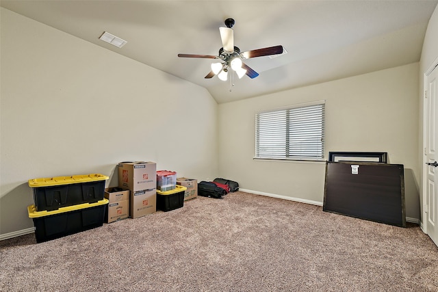 playroom with lofted ceiling, carpet floors, visible vents, and baseboards