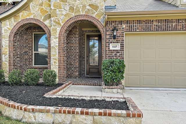 view of exterior entry featuring brick siding, a shingled roof, concrete driveway, an attached garage, and stone siding