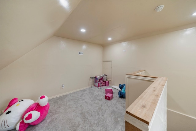 314 S Hastings St, Irving, TX 75060 - rec room featuring lofted ceiling, visible vents, carpet floors, and recessed lighting