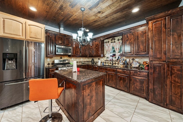 314 S Hastings St, Irving, TX 75060 - kitchen with wood ceiling, marble finish floor, an inviting chandelier, and appliances with stainless steel finishes