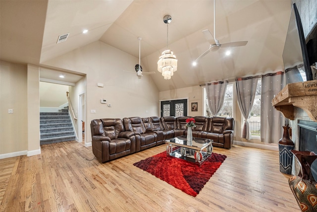 314 S Hastings St, Irving, TX 75060 - living room with stairway, visible vents, wood finished floors, and ceiling fan