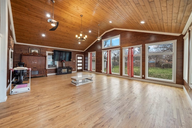 314 S Hastings St, Irving, TX 75060 - unfurnished living room featuring high vaulted ceiling, wood finished floors, wood ceiling, and a notable chandelier