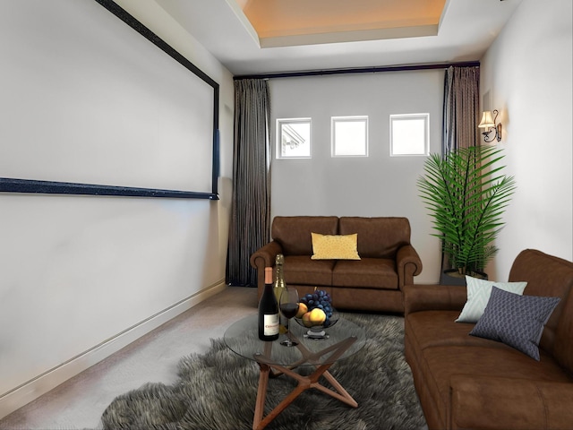 cinema room featuring carpet floors, a tray ceiling, and baseboards