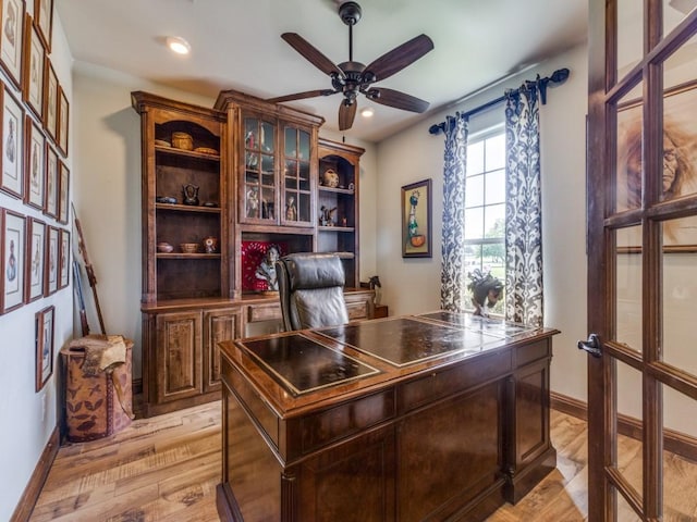 office area with recessed lighting, baseboards, ceiling fan, and light wood finished floors