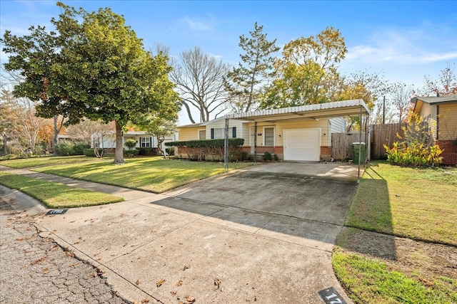 ranch-style home with a garage, brick siding, fence, driveway, and a front yard