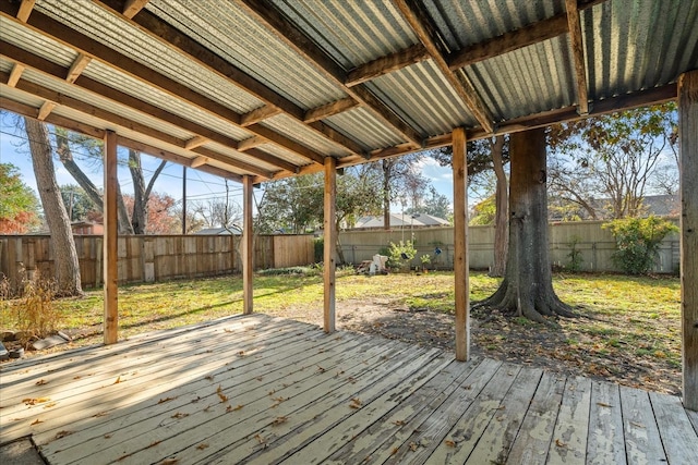 wooden terrace with a yard and a fenced backyard