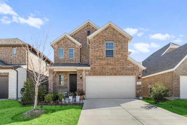 traditional-style home featuring brick siding, driveway, and a front lawn