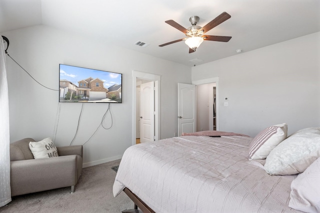 bedroom featuring carpet, visible vents, ceiling fan, and baseboards