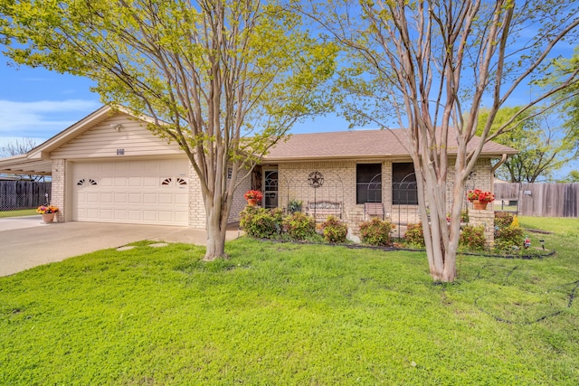 single story home with brick siding, concrete driveway, an attached garage, a front yard, and fence