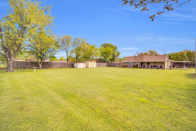 view of yard with a storage shed, an outbuilding, and a fenced backyard