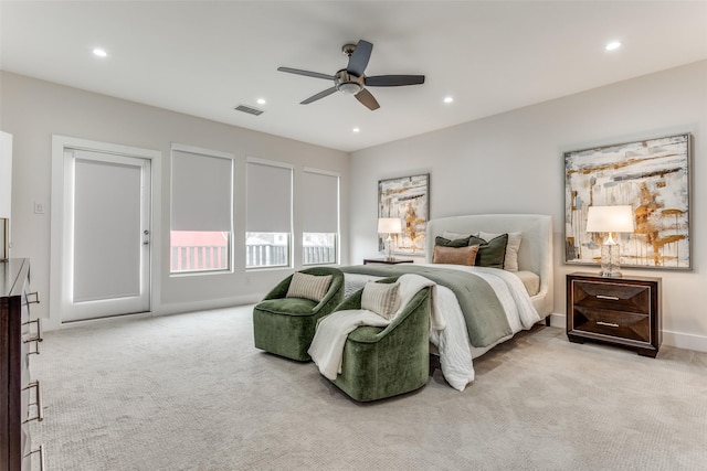 bedroom with a ceiling fan, visible vents, carpet flooring, and recessed lighting