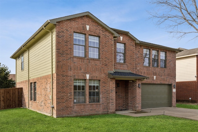 view of front facade with concrete driveway, an attached garage, fence, a front yard, and brick siding