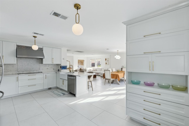 kitchen featuring decorative backsplash, open floor plan, a peninsula, under cabinet range hood, and stainless steel dishwasher