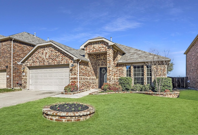 single story home with an outdoor fire pit, concrete driveway, an attached garage, a front lawn, and brick siding