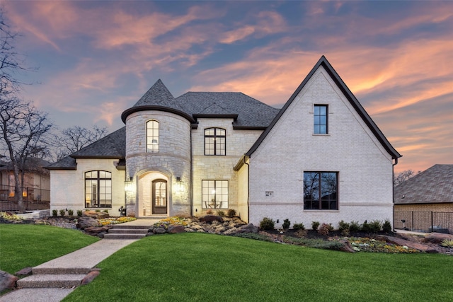 french country style house featuring brick siding, fence, and a yard