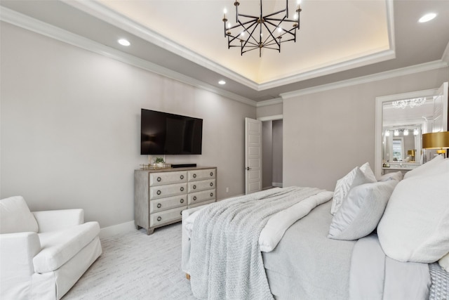 bedroom featuring ornamental molding, a raised ceiling, and light colored carpet