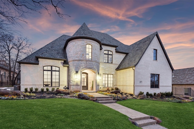 french provincial home featuring a shingled roof, a lawn, and brick siding